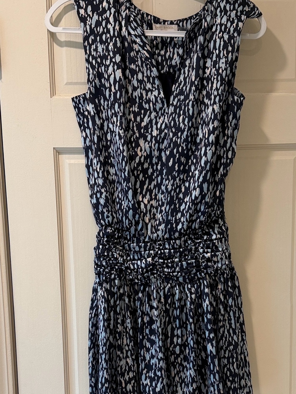 Ramy Brook Navy Dress with Light Blue and Cream Abstract Print